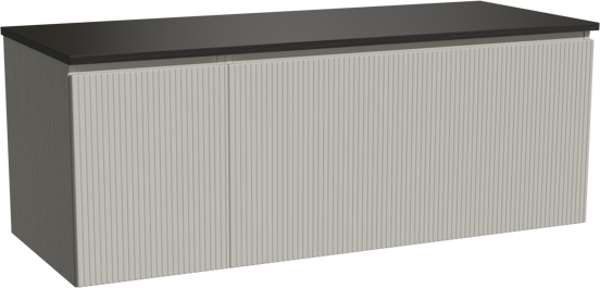 Storke Ribs zwevend badkamermeubel 130 x 52 cm zijdegrijs met Panton enkel of dubbel tablet in gepoedercoate mdf mat zwart, Verticale symmetrische rechte ribbel