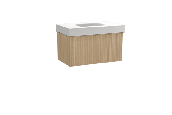 Balmani Forma zwevend badkamermeubel 90 x 55 cm natuur eik met Arcato enkele wastafel in solid surface mat wit, Verticale asymmetrische ronde ribbel