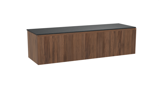 Balmani Fila zwevend badkamermeubel 180 x 55 cm notelaar met Stretto enkel of dubbel tablet in graniet zwart, Verticale symmetrische rechte ribbel