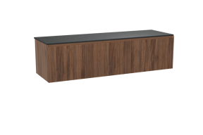 Balmani Fila zwevend badkamermeubel 180 x 55 cm notelaar met Stretto enkel of dubbel tablet in graniet zwart, Verticale symmetrische rechte ribbel