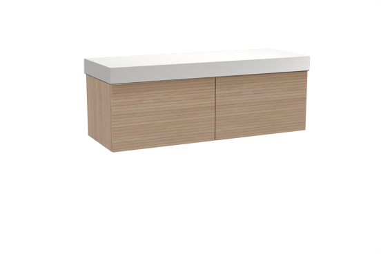 Balmani Forma hängendes Möbelstück Set: 150 x 55 cm, Naturbelassene Eiche, mit Dominus Einzel- oder Doppel Waschtischplatte, Solid Surface, Weiß matt, Horizontale symmetrische gerade Rippe