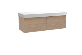 Balmani Forma zwevend badkamermeubel 150 x 55 cm natuur eik met Dominus enkel of dubbel tablet in solid surface mat wit, Horizontale symmetrische rechte ribbel