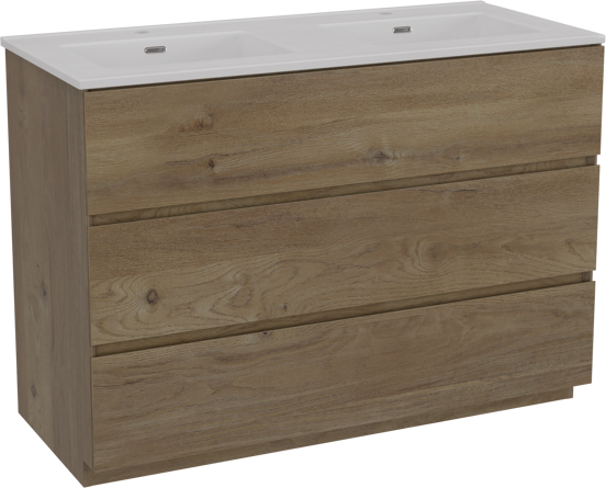 Storke Edge freistehendes Möbelstück Set: 120 x 52 cm, Raue Eiche, mit Kera Doppelwaschtisch, Keramik Weiß matt