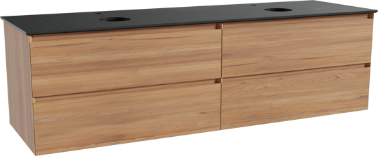 Balmani Mitra hängendes Möbelstück Set: 180 x 55 cm, Teak, mit Facetta Doppel Waschtischplatte, Schwarzes Granit