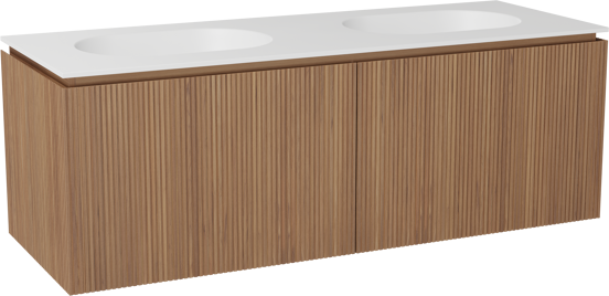 Balmani Eclips zwevend badkamermeubel 150 x 55 cm Teak met Tablo Oval dubbele wastafel in Solid Surface mat wit, Verticale symmetrische rechte ribbel