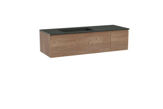 Storke Edge zwevend badmeubel 140 x 52 cm ruw eiken met Scuro asymmetrisch linkse wastafel in kwarts mat zwart