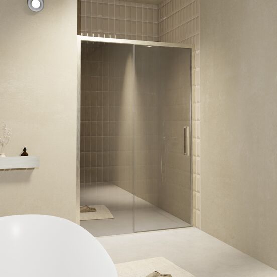 Balmani Senses Design Dusche Schiebetür, Links, 120 cm x 210 cm, Reflex-Spiegelglas, Profil Brushed CoolMetal