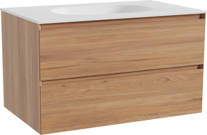 Balmani Mitra hängendes Möbelstück Set: 90 x 55 cm, Teak, mit Tablo Oval Einzelwaschtisch, Solid Surface Weiß matt