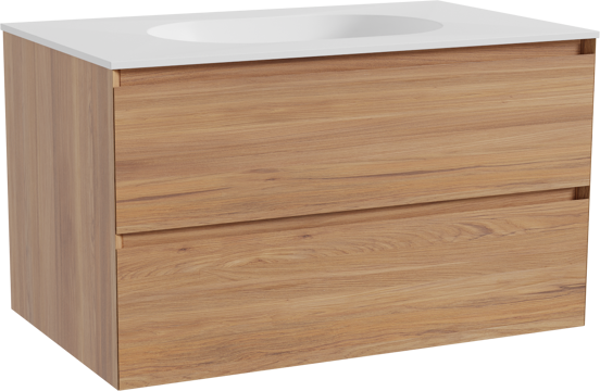 Balmani Mitra meuble salle de bains suspendu 90 x 55 cm teck avec Tablo Oval plan simple en solid surface blanc mat