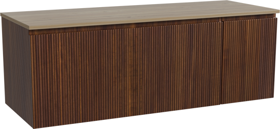 Storke Ribs zwevend badkamermeubel 140 x 52 cm notelaar met Panton enkel of dubbel tablet in melamine ruwe eik, Verticale symmetrische rechte ribbel