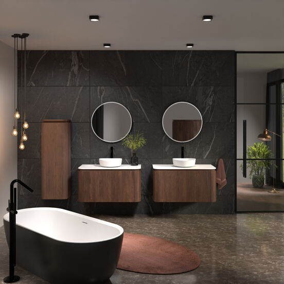 Balmani Moon meuble salle de bains suspendu 100 x 55 cm noyer américain avec Moon tablette simple en solid surface blanc mat, Nervure droite symétrique verticale