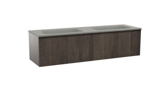 Balmani Forma zwevend badkamermeubel 180 x 55 cm gerookte eik met Tablo Strada dubbele wastafel in composietmarmer zijdegrijs, Verticale symmetrische rechte ribbel
