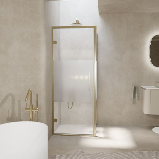 Balmani Senses Design douchehoek met linkse draaideur en vaste zijwand, 90 x 90 cm, Helder glas met matte strook, Brushed Champagne Gold profielen, met coating