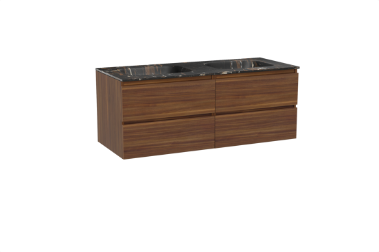 Balmani Lucida meuble salle de bains suspendu 135 x 55 cm noyer américain avec Tablo Arcato double vasque en marbre portoro gold