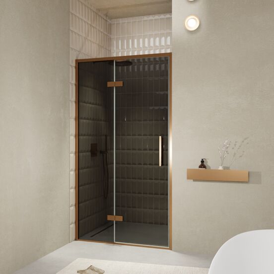 Balmani Senses Design Dusche Drehtür, Links, 120 cm x 210 cm, Rauchglas, Profil Brushed Rosegold