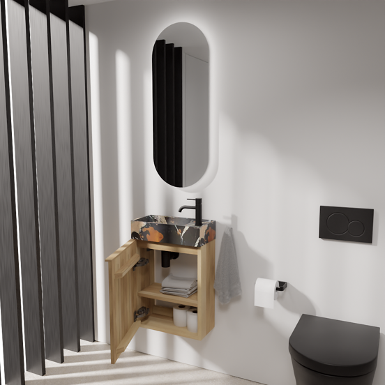 Balmani Forma zwevend toiletmeubel 42 x 21 cm natuur eik met Dama wastafel in Portoro Gold marmer