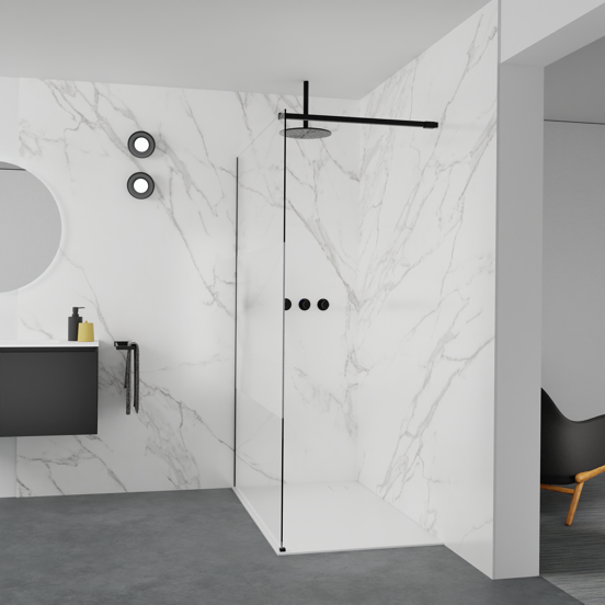 Balmani Modular inloopdouche: 140 x 200 cm, Helder glas met matte strook met coating, Mat zwarte profielen