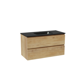 Linie Lado zwevend badmeubel 100 x 46 cm naturel eiken met Baro enkele wastafel in porselein mat zwart