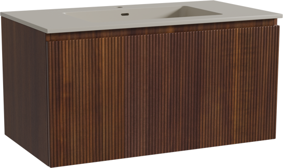Storke Ribs zwevend badkamermeubel 95 x 52 cm notelaar met Diva enkele wastafel in top solid zijdegrijs, Verticale symmetrische rechte ribbel