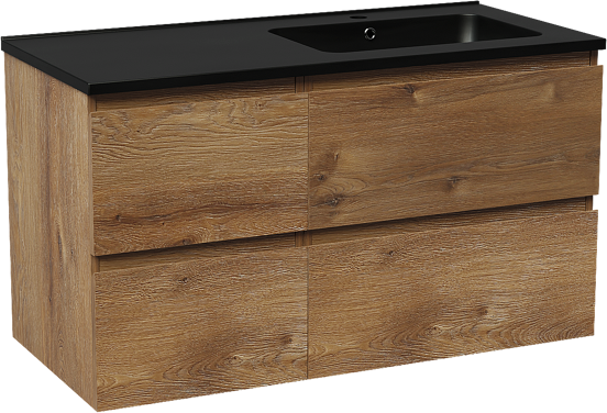 Linie Lado meuble salle de bains suspendu 100 x 46 cm chêne brun avec Vano plan vasque asymétrique à droite en marbre composite noir mat