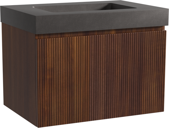 Storke Ribs hängendes Möbelstück Set: 75 x 52 cm, Nussbaum, mit Scuro High Einzelwaschtisch, Quarz, Schwarz matt, Vertikale symmetrische gerade Rippe