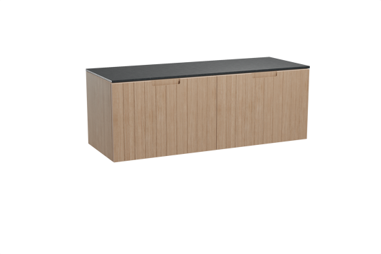 Balmani Adagio hängendes Möbelstück Set: 150 x 55 cm, Verwitterte Eiche, mit Stretto Einzel- oder Doppel Waschtischplatte, Schwarzes Granit