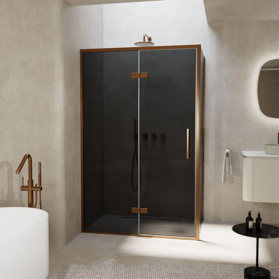 Balmani Senses Design douchehoek met linkse draaideur en vaste zijwand, 120 x 90 cm, Rookglas, Brushed Rosegold profielen, met coating