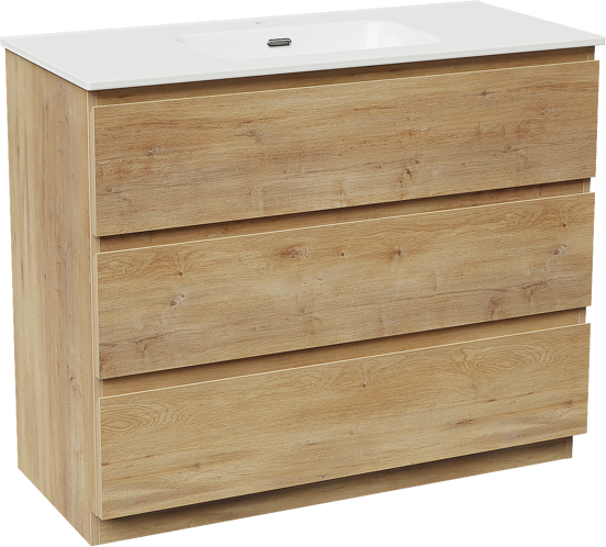 Linie Lado freistehendes Möbelstück Set: 100 x 46 cm, Naturbelassene Eiche, mit Baro Einzelwaschtisch, Porzellan Weiß glänzend