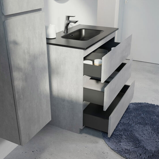 Linie Lado meuble salle de bains à poser 80 x 46 cm béton gris foncé avec Baro plan simple en porcelaine noir mat