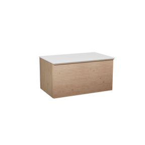 Balmani Forma zwevend badkamermeubel 90 x 55 cm natuur eik met Stretto enkel tablet in solid surface mat wit, Horizontale symmetrische rechte ribbel