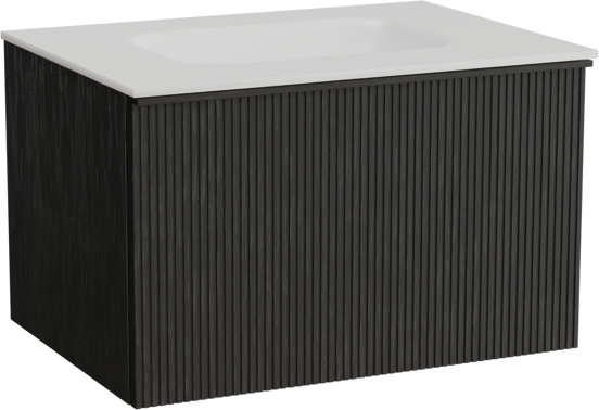 Balmani Forma zwevend badkamermeubel 75 x 55 cm zwarte eik met Tablo Arcato enkele wastafel in solid surface mat wit, Verticale symmetrische rechte ribbel