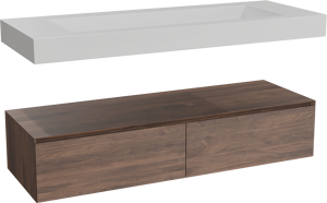 Balmani Mitra Elements meuble salle de bains suspendu 150 x 55 cm noyer américain avec Modus lavabo simple pour 2 trous de robinet en solid surface blanc mat