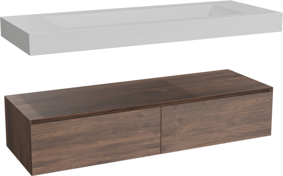 Balmani Mitra Elements meuble salle de bains suspendu 150 x 55 cm noyer américain avec Modus lavabo simple pour 2 trous de robinet en solid surface blanc mat