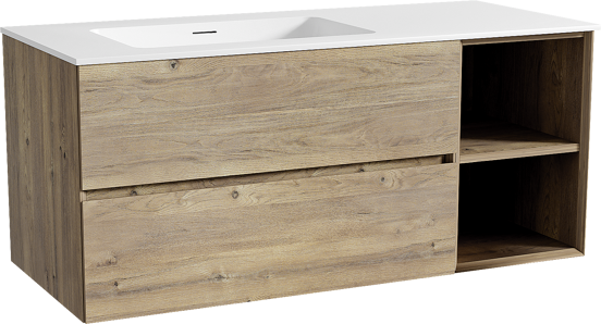 Storke Edge meuble salle de bains suspendu 120 x 52 cm chêne brut avec Mata plan vasque asymétrique à gauche en solid surface blanc mat