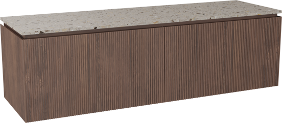 Balmani Eclips meuble salle de bains suspendu 180 x 55 cm Noyer américain avec Stretto tablette simple ou double en Terrazzo greige, Nervure droite symétrique verticale