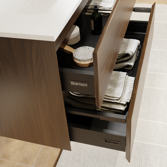 Balmani Mitra meuble salle de bains suspendu 90 x 55 cm noyer américain avec Tablo Strada plan simple en marbre composite blanc mat