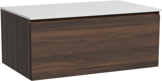 Storke Edge zwevend badmeubel 85 x 52 cm notenhout met Tavola enkel wastafelblad in solid surface mat wit