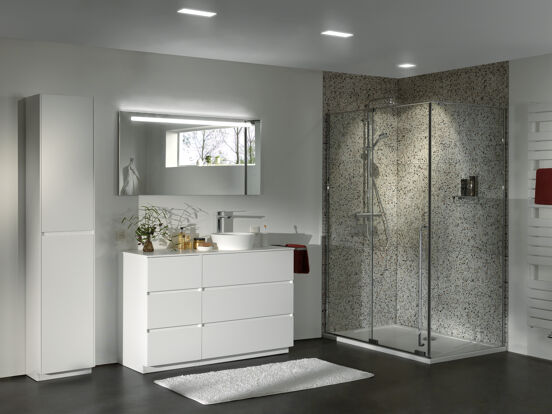 Luca Varess Stilus paroi de douche avec porte coulissante et paroi latérale fixe 140 x 90 cm verre transparent profil chrome brillant