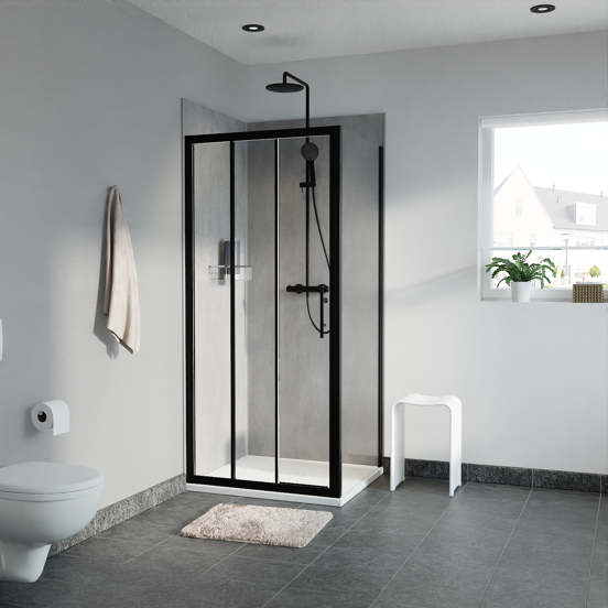 Linie Cadiz douchehoek met schuifdeur en vaste zijwand, 100 x 70 cm, helder glas, zwarte profielen