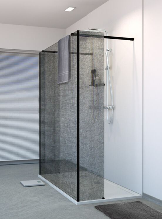 Balmani Modular inloopdouche met vrijstaande wand en vast paneel 180 x 200 cm linnen zwart glas mat zwart profiel