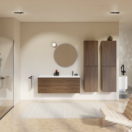 Balmani Mitra meuble salle de bains suspendu 135 x 55 cm noyer américain avec Tablo Arcato vasque asymétrique droite en solid surface blanc mat