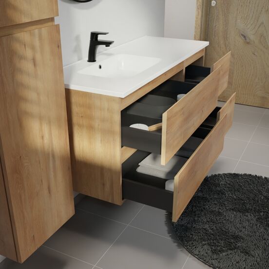 Linie Lado meuble salle de bains suspendu 120 x 46 cm chêne naturel avec Vano vasque asymétrique gauche en marbre composite blanc mat