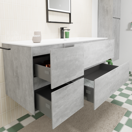 Storke Edge zwevend badmeubel 120 x 52 cm beton donkergrijs met Mata asymmetrisch rechtse wastafel in solid surface mat wit