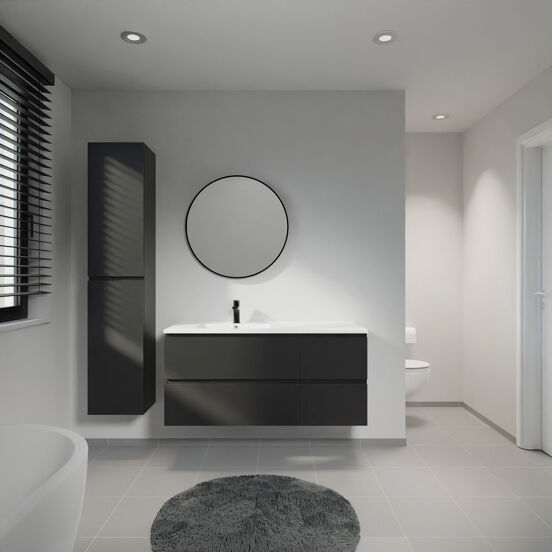 Linie Lado meuble salle de bains suspendu 120 x 46 cm noir mat avec Vano plan vasque asymétrique à gauche en marbre composite blanc mat