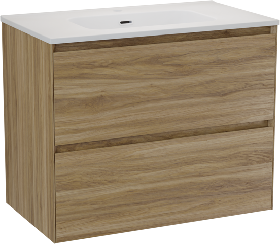 Balmani Mitra Compact zwevend badkamermeubel 80 x 46 cm wilde eik met Nostra enkele wastafel in porselein mat wit