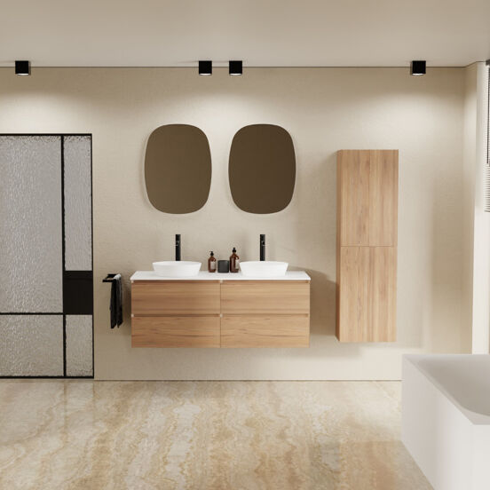 Balmani Mitra meuble salle de bains suspendu 135 x 55 cm teck avec Stretto tablette simple ou double en solid surface blanc mat