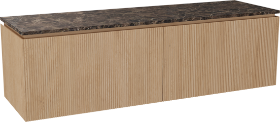 Balmani Eclips hängendes Möbelstück Set: 180 x 55 cm, Eiche Natur, mit Stretto Einzel- oder Doppel Waschtischplatte Marmor Dark Emperador, Vertikale symmetrische gerade Rippe