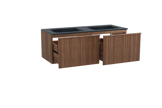 Balmani Forma zwevend badkamermeubel 135 x 55 cm amerikaanse notelaar met Tablo Strada dubbele wastafel in composietmarmer mat zwart, Verticale asymmetrische ronde ribbel