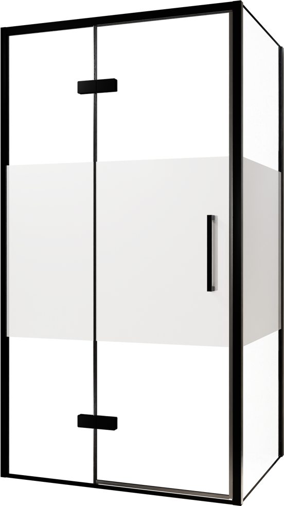 Balmani Senses Design douchehoek met linkse draaideur en vaste zijwand, 100 x 100 cm, Helder glas met matte strook, Zwarte profielen, met coating