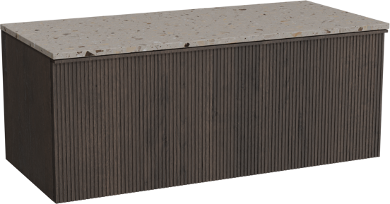 Balmani Forma hängendes Möbelstück Set: 120 x 55 cm, Geräucherte Eiche, mit Stretto Einzel- oder Doppel Waschtischplatte, Terrazzo in Greige, Vertikale symmetrische gerade Rippe